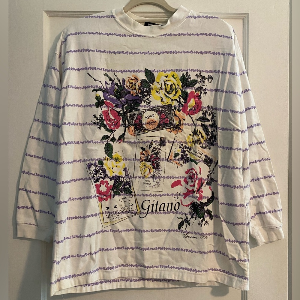 Very Rare Vintage 80’s Womens Gitano Purple Floral Graphic Striped Long Sleeve